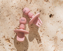 Load image into Gallery viewer, Mini and Boo BLW cutlery set with soft food-grade silicone fork and spoon, choke guard, baby-sized handles – BPA-free, dishwasher safe utensils for self-feeding babies.