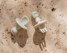 Load image into Gallery viewer, Mini and Boo BLW cutlery set with soft food-grade silicone fork and spoon, choke guard, baby-sized handles – BPA-free, dishwasher safe utensils for self-feeding babies.