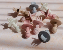 Load image into Gallery viewer, Mini and Boo BLW cutlery set with soft food-grade silicone fork and spoon, choke guard, baby-sized handles – BPA-free, dishwasher safe utensils for self-feeding babies.