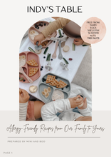 Load image into Gallery viewer, Mini and Boo Indy’s Table Allergy-Friendly Recipe Ebook – free downloadable collection of simple, wholesome lunchbox snacks for kids with dietary sensitivities, free from dairy, eggs, nuts, seafood, gluten, and refined sugar, includes allergy swap chart.