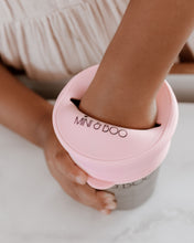Load image into Gallery viewer, Mini and Boo snack lid made from soft food-grade silicone – stretchable up to 10 cm diameter, spill-proof, non-slip handle, BPA-free, lead-free, phthalate-free toddler snack accessory.