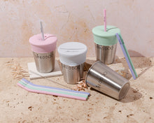Load image into Gallery viewer, Mini and Boo Stainless Steel Sip &amp; Snack Set (350 ml) – includes two stainless steel cups, silicone sip and snack lids, large bent and short straight silicone straws, and cleaning brush – reusable, BPA-free toddler mealtime set.