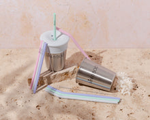 Load image into Gallery viewer, Mini and Boo Mega Drink Pack – includes two 350 ml stainless steel cups, four large bent silicone straws, four short silicone straws, two silicone straw lids, and one straw cleaning brush – spill-proof, BPA-free on-the-go drink set.